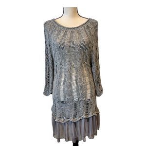 Pretty Angel Womens Gray Crochet Linen 3/4 Sleeves Mini Dress Sz L